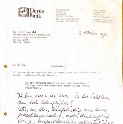 1992-10-02 Brief aan Temminck, burgemeester van Albranswaard.