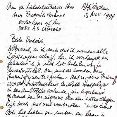 1997-11-03 Felicitatie aan Frederk Verhorst voor het behalen van zijn mr-titel.