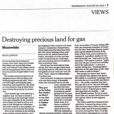 2012-08-29 IHT Column of Sean Lennon on fracking in the US.
