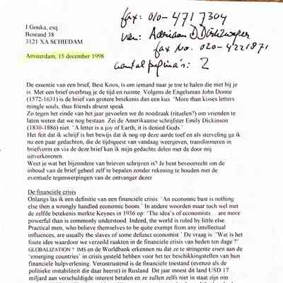 1998-12-15 Fax aan Koos Goukaover de essentien van het scrijven vam brieven. en de financiële crisis
