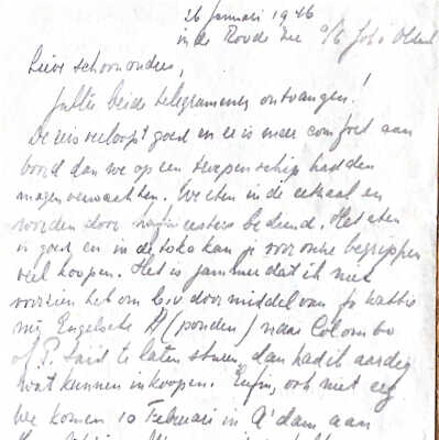 brief van Ab met potlood geschreven aan boord v. d. Johan v. Oldebarneveldt, die voer in de Rode Zee