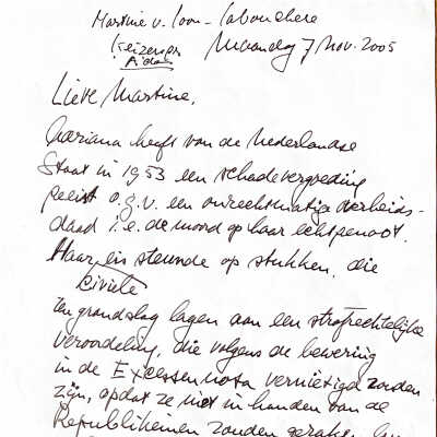 2005-11-07 Brief aan Martine van Loon over het belang om het leven van Adriana Nasoetion schriftelijk vast te leggen.