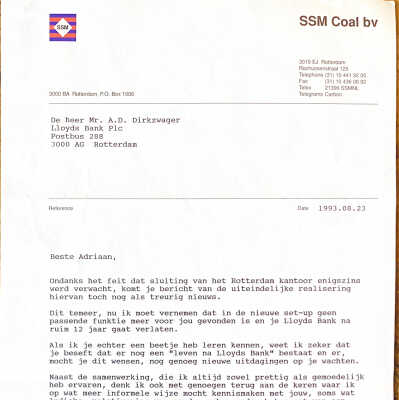 1993-08-23 Brief van SSM COAL bv n.a.v. ontslag ADD bij Lloyds Bank.