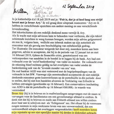 2019-09-12 Brief aan Willem Dirkzwager over nalatigheid en te kortschieten v. executeur AGD.