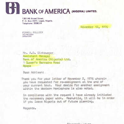 Letter from VP Ferrell Pollock Bank of America (Nigeria) Limited.