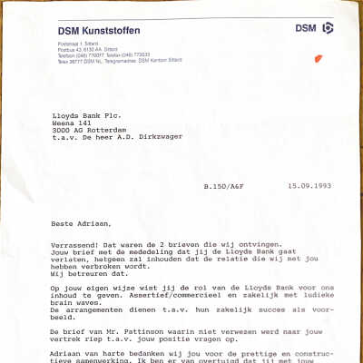 1993-09-15 Brief van DSM Kunststoffen n.a.v ontslag ADD bij de Lloyds Bank.