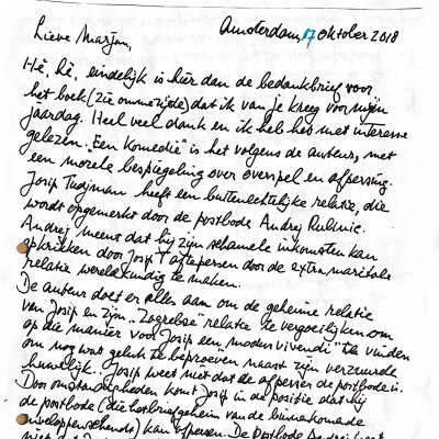 2018-10-17 Brief aan Marjan Veder over het de roman De Pellkaan.