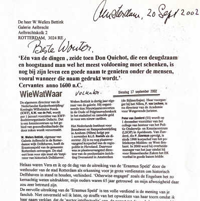 2002-09-20 Aan Wouter Weefers Bettink is de Rooterdamse Erasmus-speld uit gereikt.