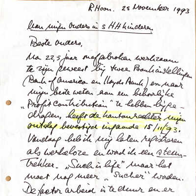 1993-11-25 Brief aan ouders in sHHK met vermelding van mijn ontslag bij de Loyds Bank.