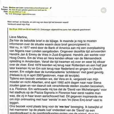 2022-07-29 Mail aan Martine van Loon over de David van Michelangelo.