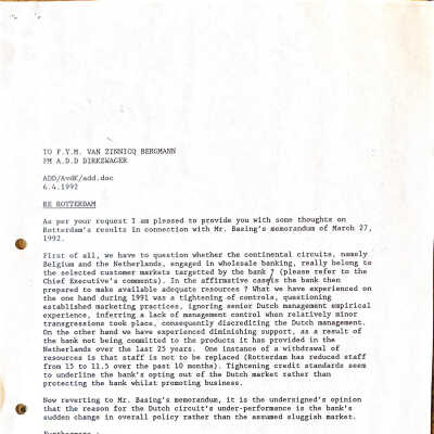 1992-04-06 Verslag performance Rotterdam branch Lloydsbank.