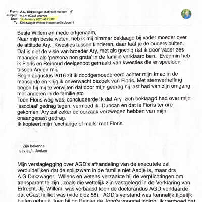 2020-01-14 Mail aan mede -erfgenaam Willem Dirkzwager.