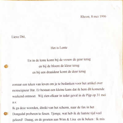 1996- 05-08 Kattebelletje aan Dré (secretaresse ADD)
