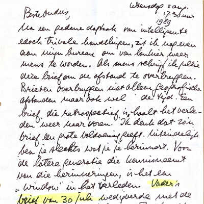 Brief d.d. 2 aug. 1989 aan Beste Ouders o.a. schuldgevoelens over autorijden.