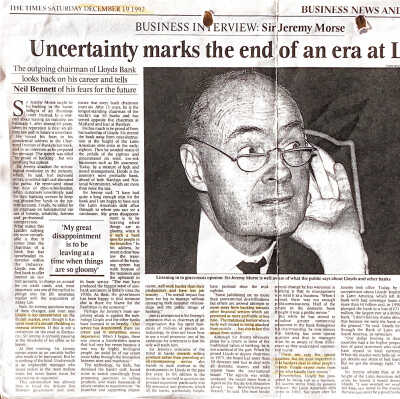1992-12-19 SIRJeremy Morse fare well in a The Times article.