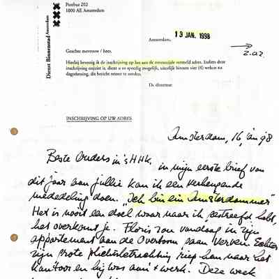 1998-01-16 Brief aan Beste Ouders in sHHK overmijn nieuwe status Ich bin ein Amsterdammer.