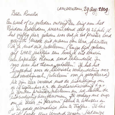 2009-08-29 Brief aan Ronald Bar met acceptatie om zijn jubeleum van 50 jaar priesterschap bij te wonen.