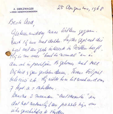 Brief d.d. 20 Aug. 1968 van vader Ab aan Aad over Willem en zijn Informatie dat mijn Lidmaatschap van "De Maas" per 1 jan. opgezegd zal worden.