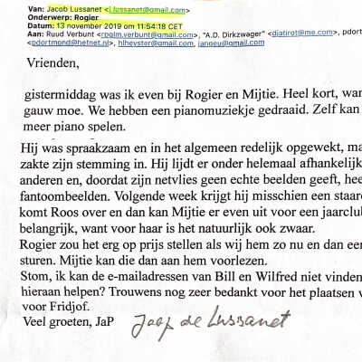 2019-11-13 Mail van Jaap de Lussanet over de gezondheidstoestand van Rogier v. Nieuwenhuizen.