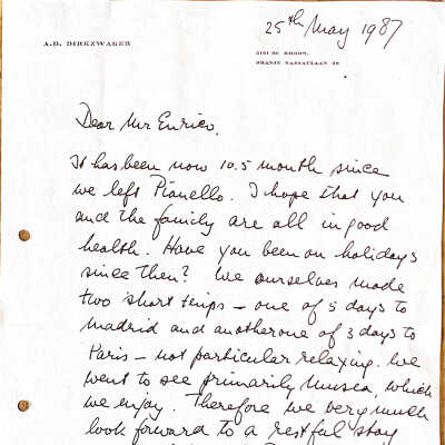 1987-05-25 Brief ADD aan Enrico Segre om in juli naar Pianello te gaan.