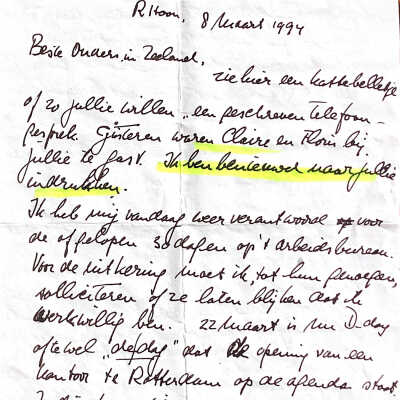 1994-03-08 Kattebelletje v.ADD en brief van grootvader Ab