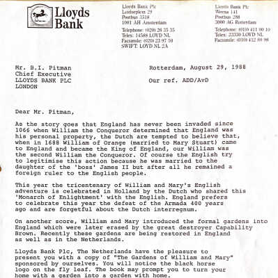 1988-08-29 brief aan mr Brian Pitman CEO Lloyds Bank p.l.c. about the Gardens of William and Mary.