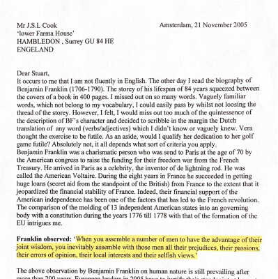 2005-11-21 a letter to Stuart Cook about Benjamin Franklin and about Putin’s visit to the Netherlands.