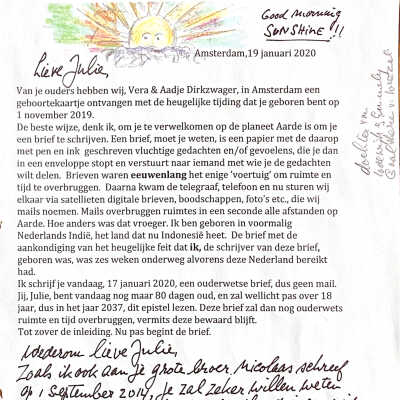 2020-01-19 Welkomstbrief aan Julie Gualtherie v. Weezel op planeet Aarde.
