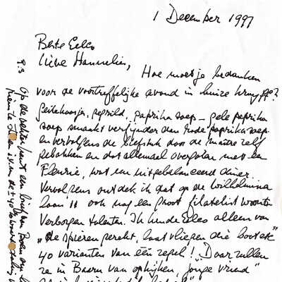1997-12-01 Bedankbrief aan Eelco en Hannelies voor het diner en de ontdekking van de filatelist Eelco.