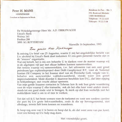 1993-09-16 Brief van Peter Mans, geophysicien, n.a.v. ontslag ADD bij Lloyds Bank.