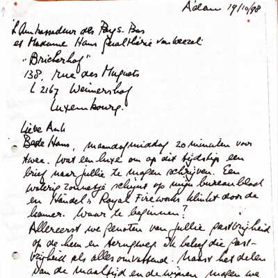 1998-10-19 Brief aan Lieve Ank en Hans Nederlands Ambassadeur in Luxemburg.