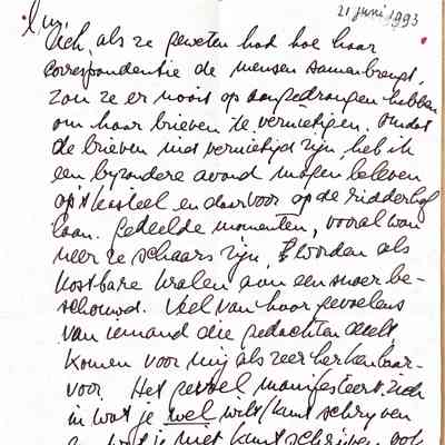 1993-06-21 Bedankbrief voor toneelopvoering over Belle v. Zuylen in kasteel Slot van Zuylen en over het verscheuren van brieven.