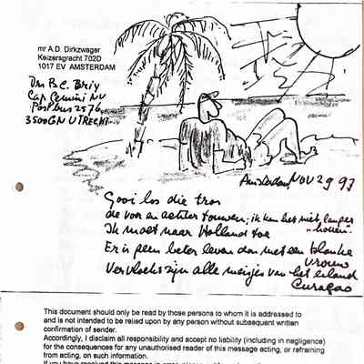 1997-11-29 Brief aan Berend Brix over verblijf in Curaçao en de Dirkzwagers zijn de hoeksteen van de samenleving.