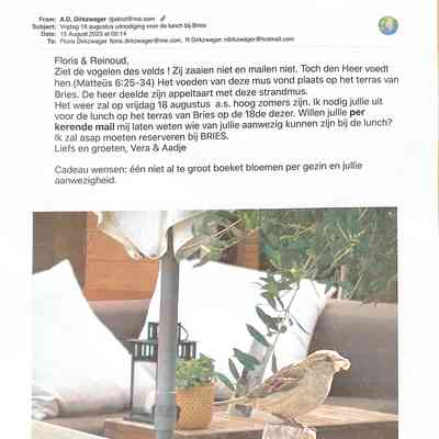 2023-08-15 Uitnodiging voor een lunch in de strandtent Bries t.g.v. Aadje’s bereiken van zijn 83 jarige leefttijd.
