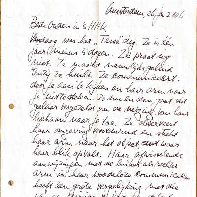 2006-01-26 Brief aan ouders over observatie van de één jarige TessaTessa; 12 jarig bestand en Reinoud verblijft tijdeleijk op de gracht