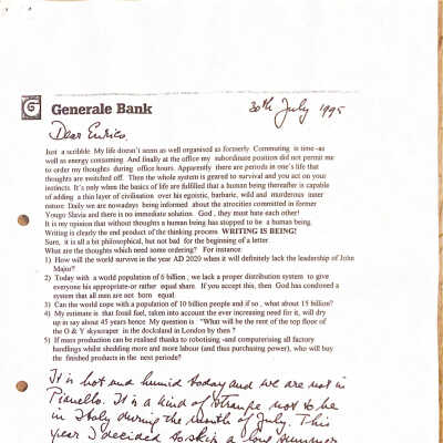 1995-07-20 Letter to Enrico Segre in Pianello to inform him that for good reasons we skip the summer vacation.