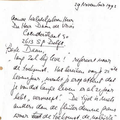 1993-11-29 Brief aan Daan de Vries t.g.v. het bereiken v. zijn 22ste levensjaar.