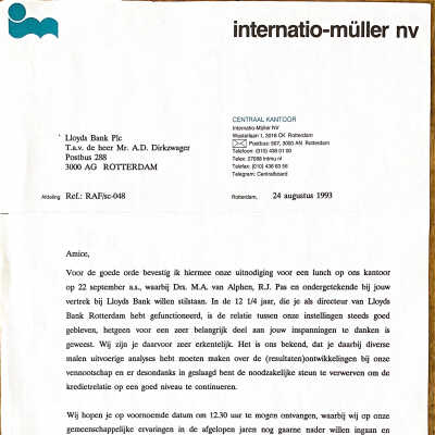 1993-08-24 Brief van Internatio-Muller nv n.a.v ontslag ADD bij de Lloyds Bank.