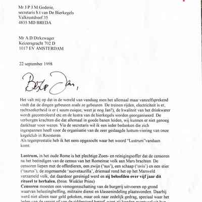 1998-09-22 Bedankbrief voor de vlekkeloze Lustrum-viering v.d. Bierkegels
