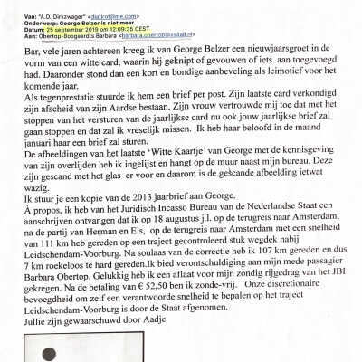 2019-09-25 Mail aan Barbara Obertop-Bogaerdts overGeorge Belzer en over een bekeuring.