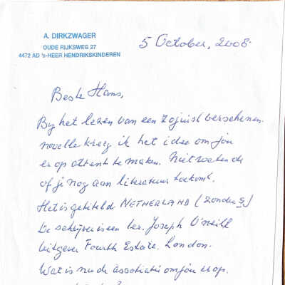 2008-10-05 Brief van vader Ab aan Hans G.v. W. 3 maanden voor zijn overlijden. Schitterend handschrift.