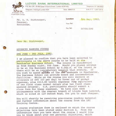 1982-05-05 Letter from the Lloyds Bank. ADD to paticpate in the Advance Banking Course of the Manchester Busiiness School.