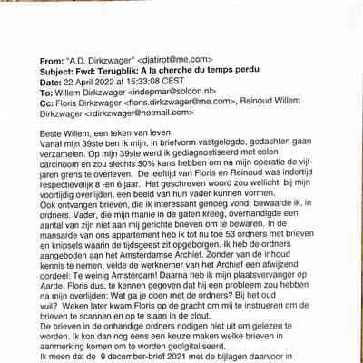 2022-04-22 Mail aan Willem Dirkzwager over ontstaan v. h. ADD-archief + mail aan de v. Weezels.