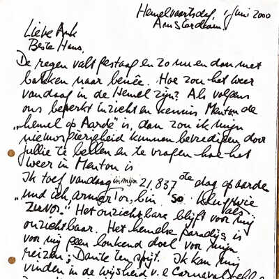 2000-06-01 Brief op Hemelsvaartdag 2000 geschreven aan Ank en Hans G.v. W. over het Paradijs en het kleurijke badpak van Ank ect.