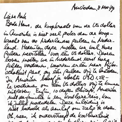 1999-11-08 Brief aan Ank en Hans Gualtérie van Weezel over de kostbare reis naar Chicago met evenzo kostbare herinneringen.