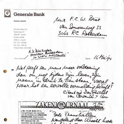 1995-05-16 Felicitatie-brief aan Frans Willem Briët voor zijn promotie in Unilever.