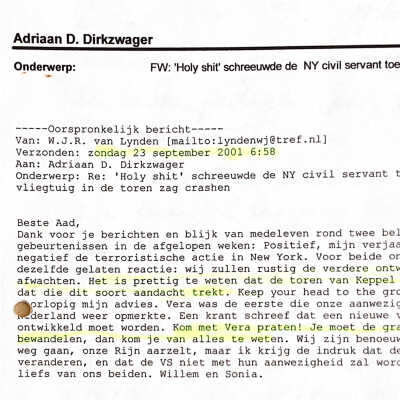 2001-09-23 Mail van Willem v. Lynden. Over lijnvliegtuigen die zichin de Twin Towers boren.