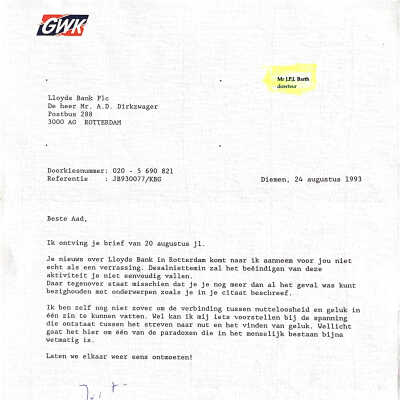 1993-08-24 Brief van Just Barth, GWK, n.a.v. ontslag ADD bij Lloyds Bank.