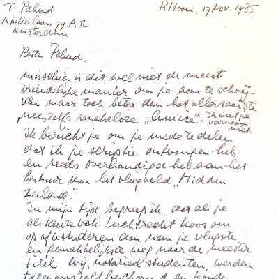 1985-11-17 Brief aan Pahud over keuzevak Luchtrecht omafre studeren.