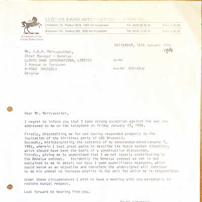 1984-01-16 Letter to Chief Manager Benelux v.d. Lloyds Bank. ADD takes strong exception etc.